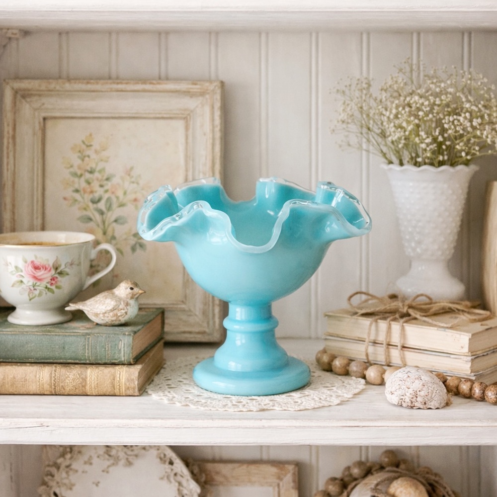 Vintage Fenton Silver Turquoise Crest Crimped Compote MCM Pedestal Bowl - Picture 16 of 16